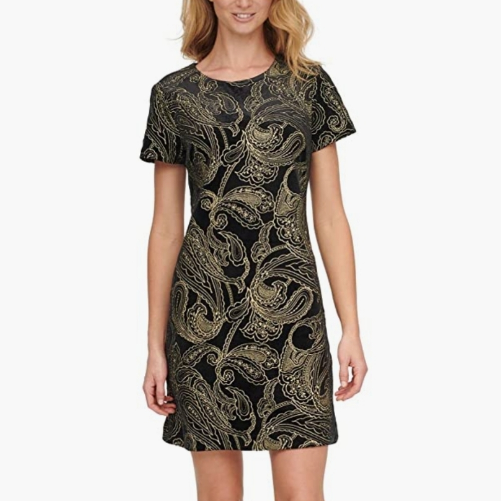 NWT Calvin Klein Short Sleeve Black/ Gold Velvet Embroidered Shift Dress Size 6